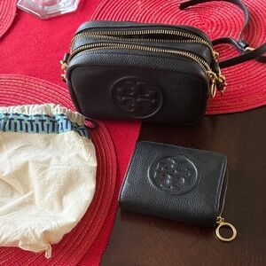 Tory Burch Black Miller Crossbody Bag and Matching Wallet with Gold Accents